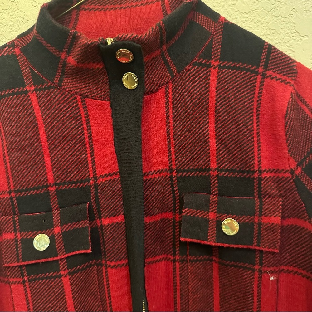 Anne Klein Medium Red & Black Buffalo Check Plaid Open Front Utility Winter Coat - Picture 3 of 8